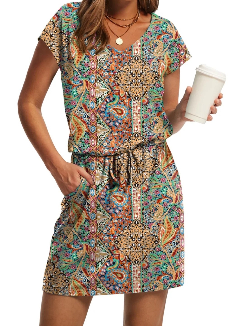 Paisley Print V-Neck Drawstring Mini Dress in Teal Multi